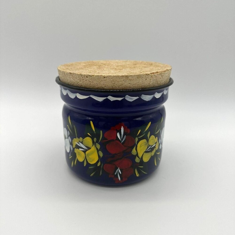 Vintage Enamel Jar Canister Blue Hand Painted Flowers Cork Lid Poland Storage